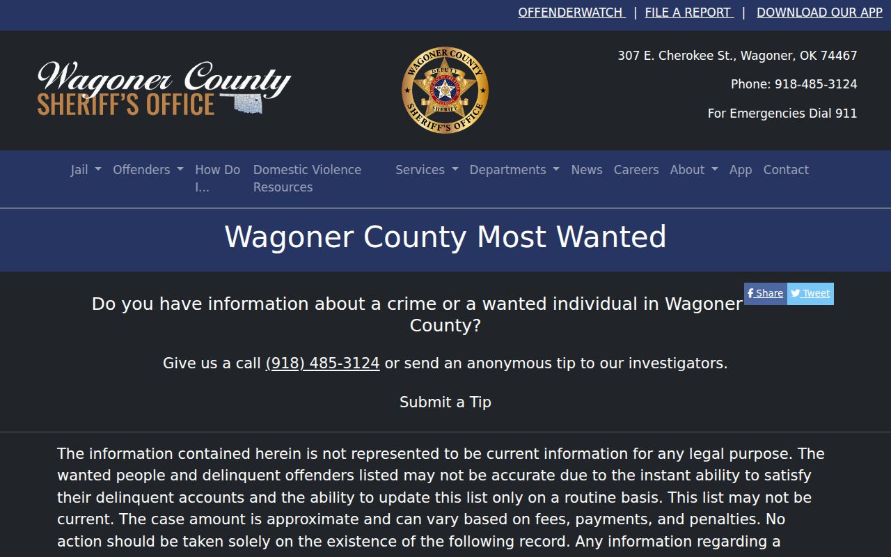 Wagoner County Most Wanted official sheriff program interface